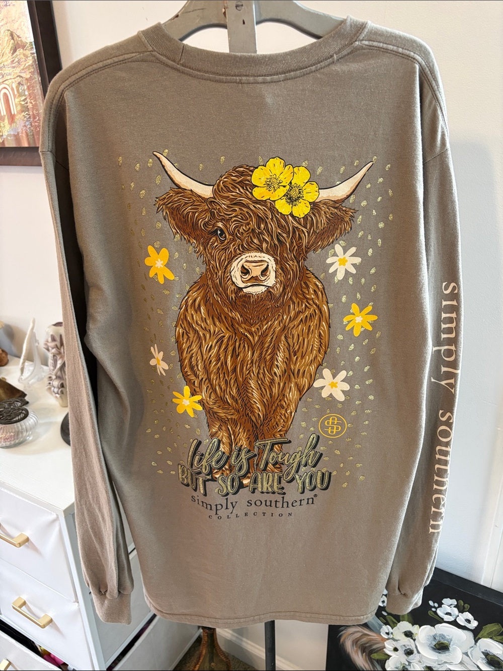 Simply Southern Taupe Long Sleeve Tee Highland Cow